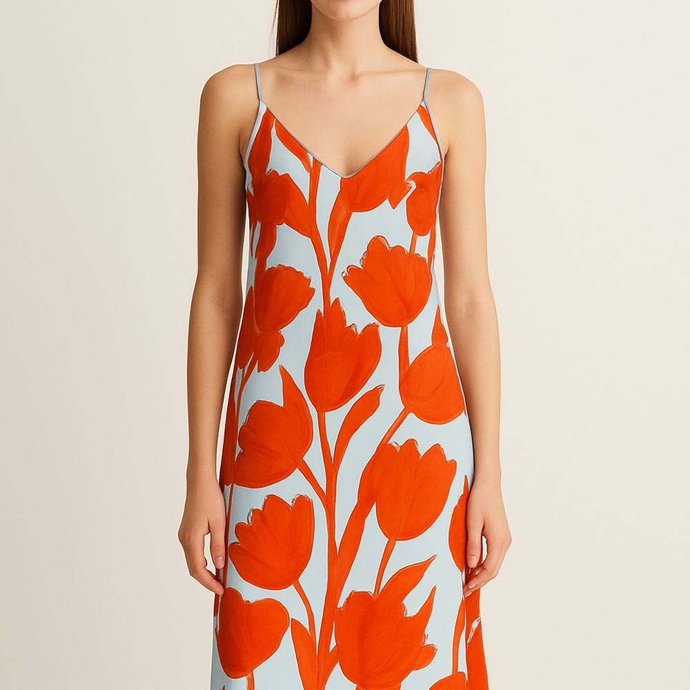 Floral Slip Dress with Red/Orange Tulips